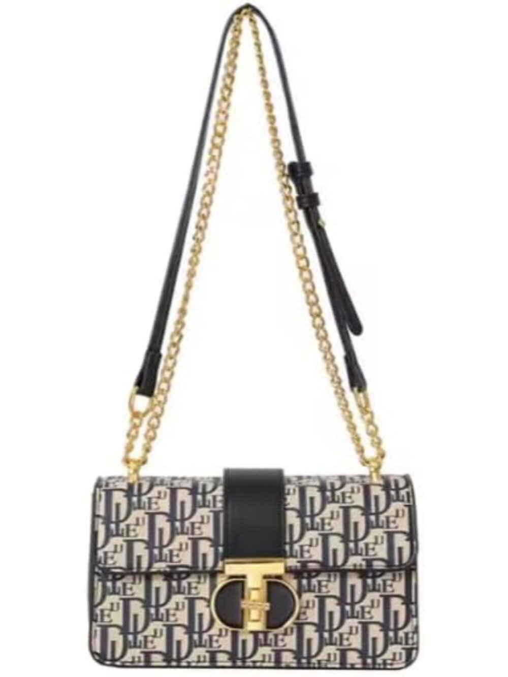 Chic Luxury Shoulder Bag with Gold Chain Strap, PU Leather, Black & Beige